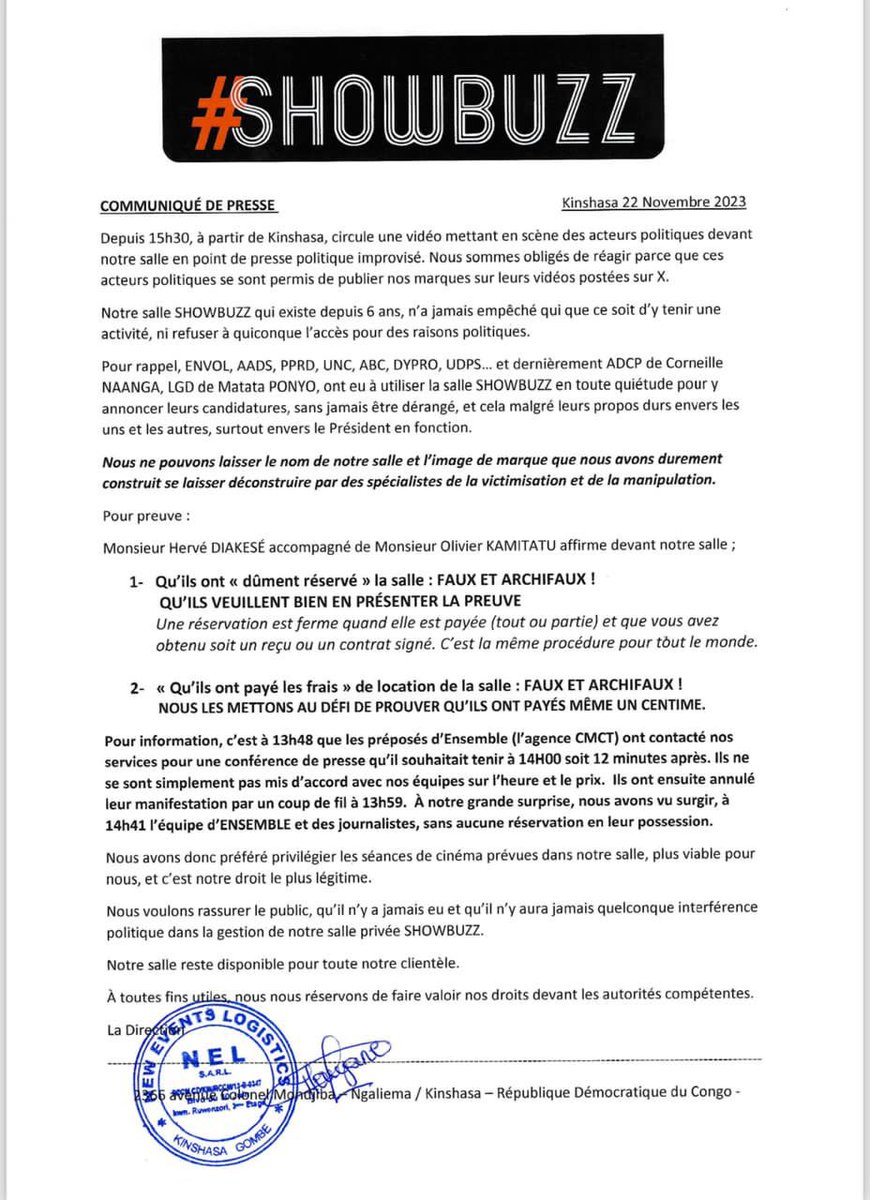 infosCD_'s tweet photo. #Kinshasa : faux et archi faux, les préposés d'Ensemble n'ont jamais réservé la salle Showbuzz pour une conférence de presse (mise au point) https://t.co/NCefG0rNZO
