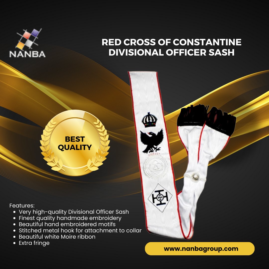 NANBAGroupUk's tweet photo. Nanba Group offers the Red Cross of Constantine Divisional Officer Sash, which features exquisite machine-made embroidery and fine craftsmanship. #NanbaGroup #MasonicRegalia #RedCrossSash https://t.co/ua93ADyY0e