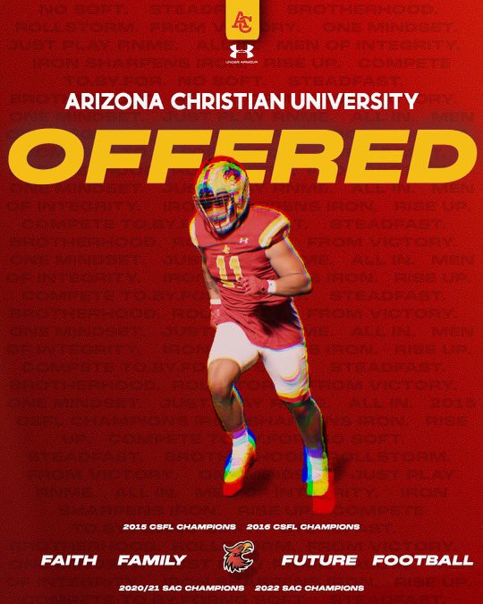 #AGTG After a great conversation with <a href="/HaydenTrujillo_/">Hayden Trujillo</a> I am blessed to have received an offer from Arizona Christian University! <a href="/CoachM_Justin/">Marcellus Justin</a> <a href="/KelleyBeMoore/">Kelley Moore</a> <a href="/firestormfb/">ACU Football 🔥</a> <a href="/JeffBowenACU/">Jeff Bowen</a> #RollStorm