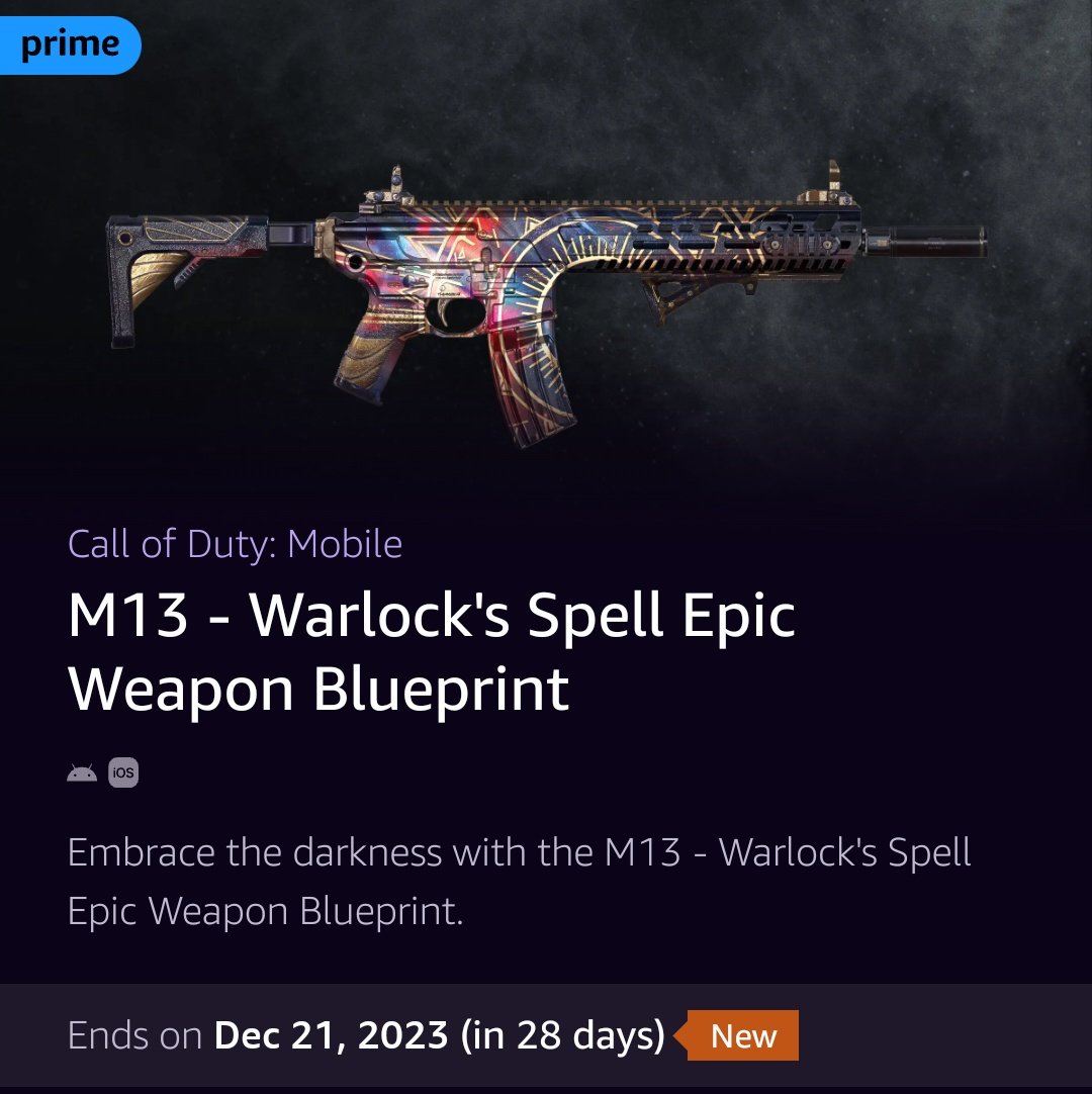 AminGh𝕏 on X: New #CoDMobile exclusive reward for  Prime Gaming  Subscribers M13 - Warlock's Spell Epic Weapon Blueprint Available to  Claim Now (Link in replies)  / X