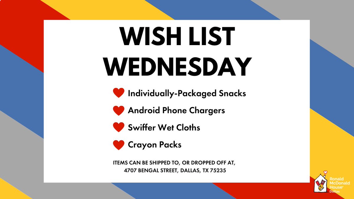 RMHDallas's tweet photo. What do we need this #WishListWednesday? A variety of things! This includes snacks, phone chargers, mopping cloths, crayons, and more. Head over to our Amazon gift list to see a list of everything we need.

🔗 - https://t.co/HUDUxk1Syh https://t.co/O6KR3QagWp