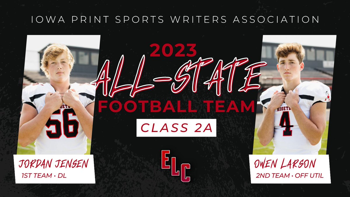 🎉 Huge congrats to Jordan and Owen, ELC football players, for making the Iowa Print Sports Writers Association 2023 All-State Football Team! Well-deserved recognition! 👏