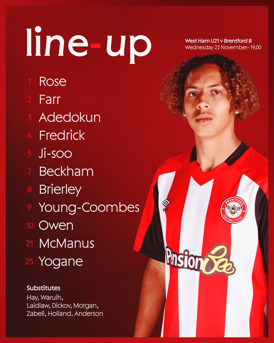 BrentfordFC's tweet photo. #BrentfordB are in action at 7pm here's how they line-up against West Ham United U21 ⬇️

#BrentfordFC https://t.co/ajW1LOYK1l