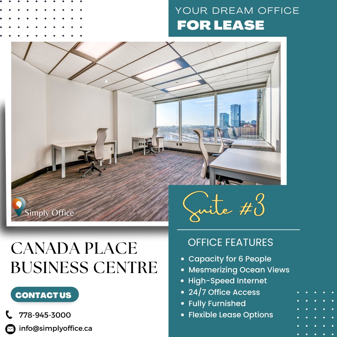 Happy Wednesday!

Today, we are excited to introduce Suite 3 at our Canada Place Business Centre location.

Suite 3 at Canada Place Business Centre offers a blend of practicality and inspiration. 

Ready to make Suite 3 your business's new home? Contact us now!

#CanadaPlace