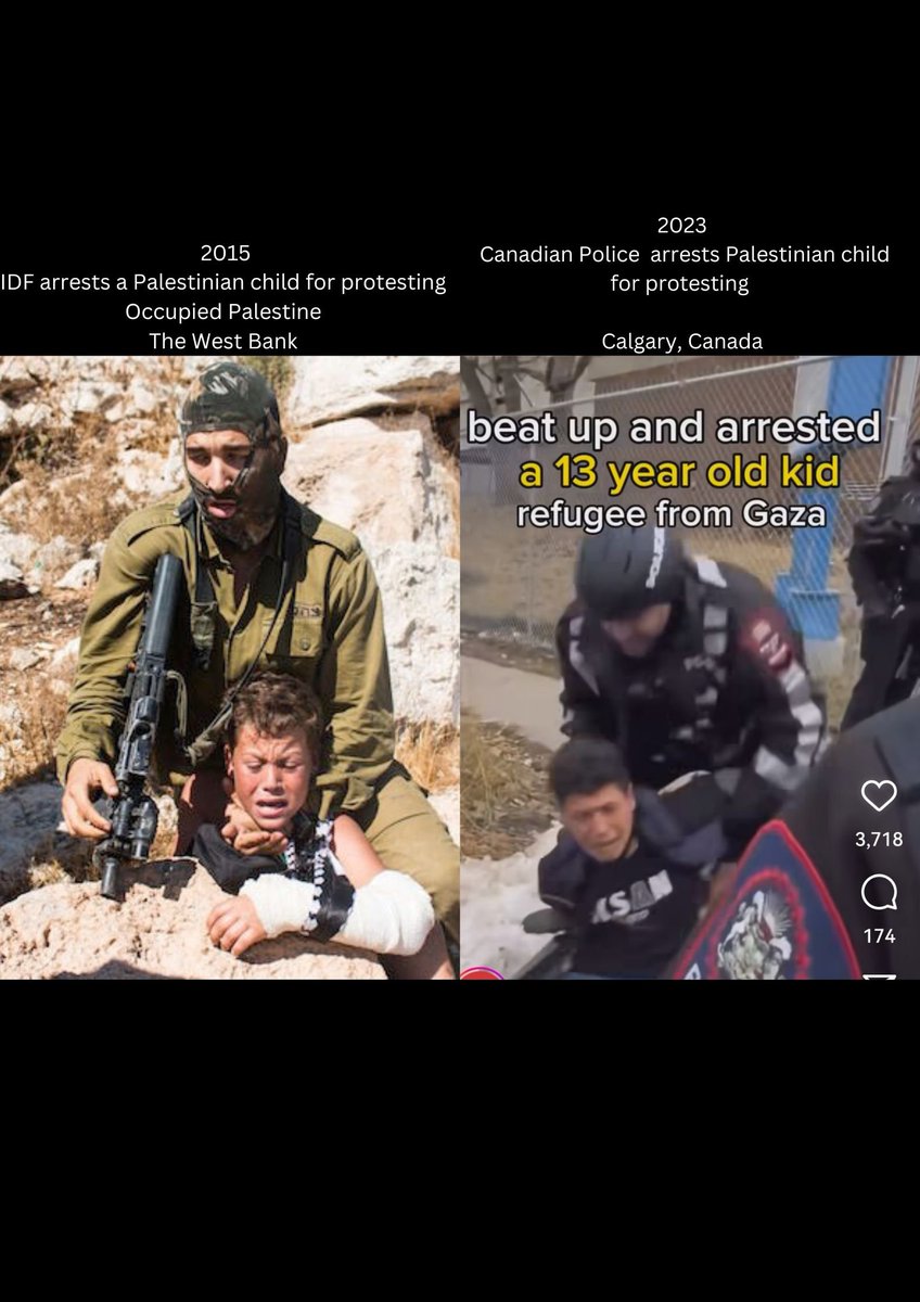 Nappy2Root's tweet image. Israeli Soldier arresting Palestinian child in 2015 for protesting in the West Bank, 2023, 1 Palestinian refugee is arrested and beat for protesting in Calgary, Canada.

#whyCanada #FreePalestine #IsraelisATerorristState