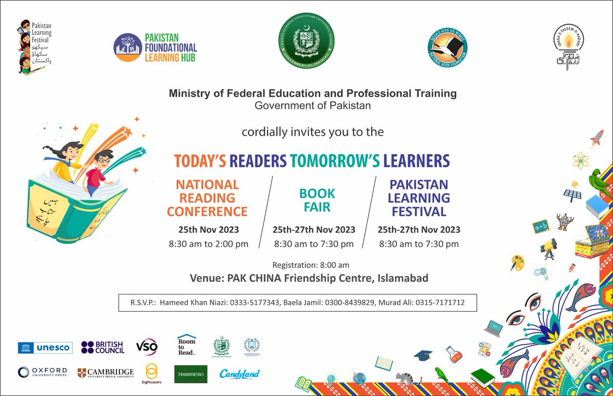 Three exciting days with three mega events full of learning & knowledge dissemination awaits you at Pak China Friendship Centre starting 25th Nov. Join us for Book Fair (Kitab Mela), National Reading Conf & National Learning Festival from 25th-27th Nov. #PakistanLearningMovement