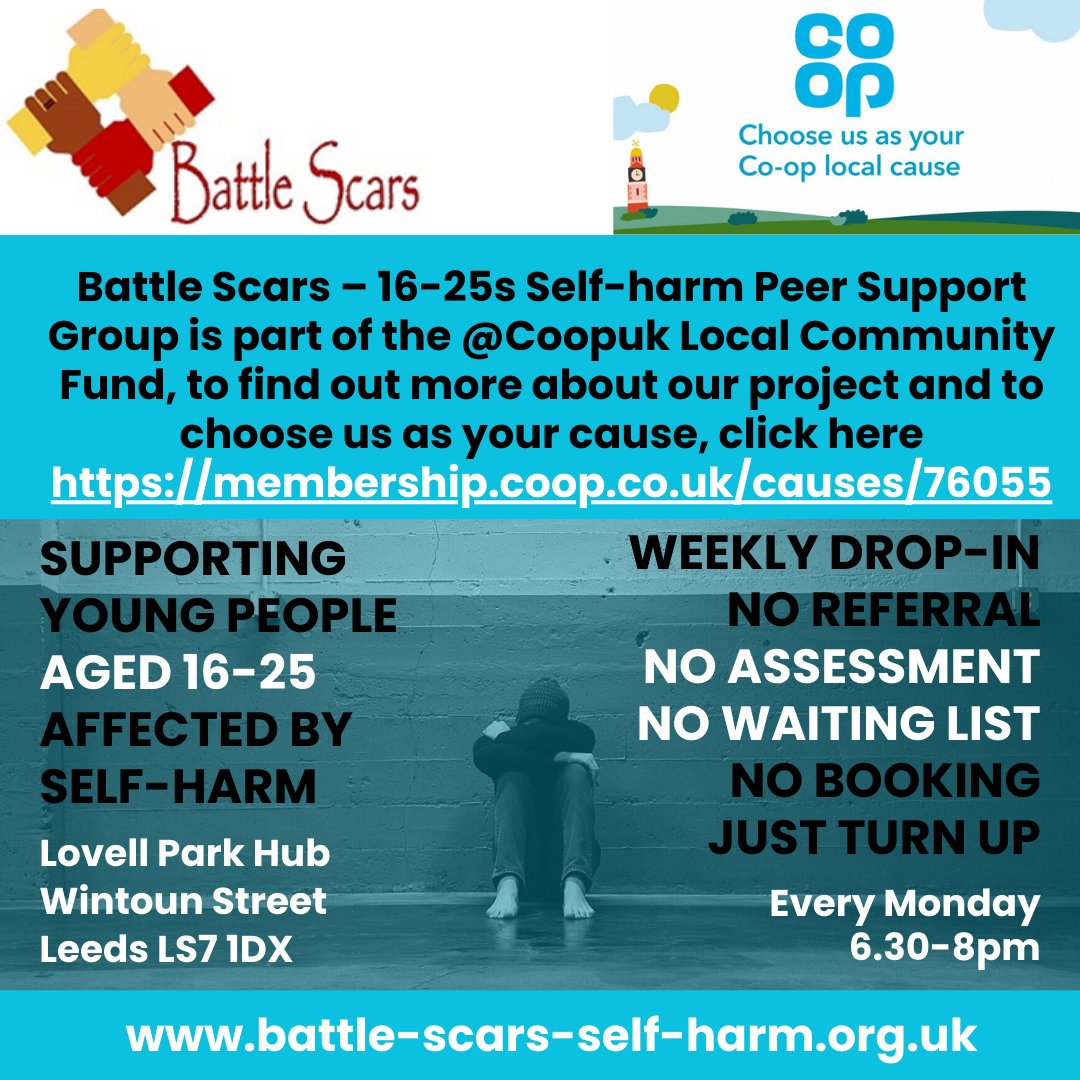 BattleScars_SH's tweet photo. Battle Scars – 16-25s Self-harm Peer Support Group is part of the @CoopUk Local Community Fund, to find out more about our project and to choose Battle Scars as your cause, click here https://t.co/Q5vFsTFvMb #selfharmpeersupport #battlescarsuk https://t.co/AyV2DSO72E