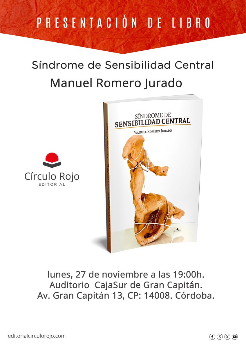 Presentación y firma del libro 📕 “Síndrome de Sensibilidad Central” Dr. Manuel Romero, lunes 27 noviembre en Auditorio GranCapitan en Córdoba 19h. Entrada libre. Entrevista coloquio por la periodista <a href="/RosanaGuiza/">Rosana Güiza Alcaide</a> #Sindromesensibilidadcentra