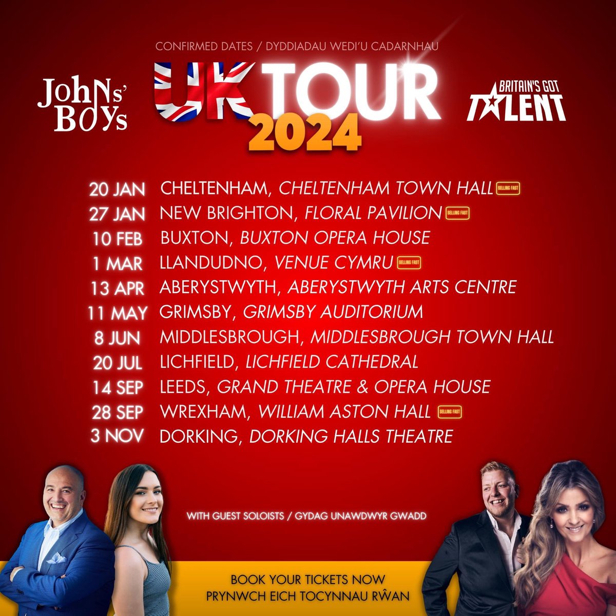 Noswaith dda! 👋

We're excited to announce all the currently confirmed dates for our 2024 UK TOUR! 🇬🇧🎶

Due to popular demand, more dates are to be announced soon, so keep your eyes peeled! 👀

You can buy tickets for most of the concerts HERE!👇

✨ bit.ly/jbtour24 ✨