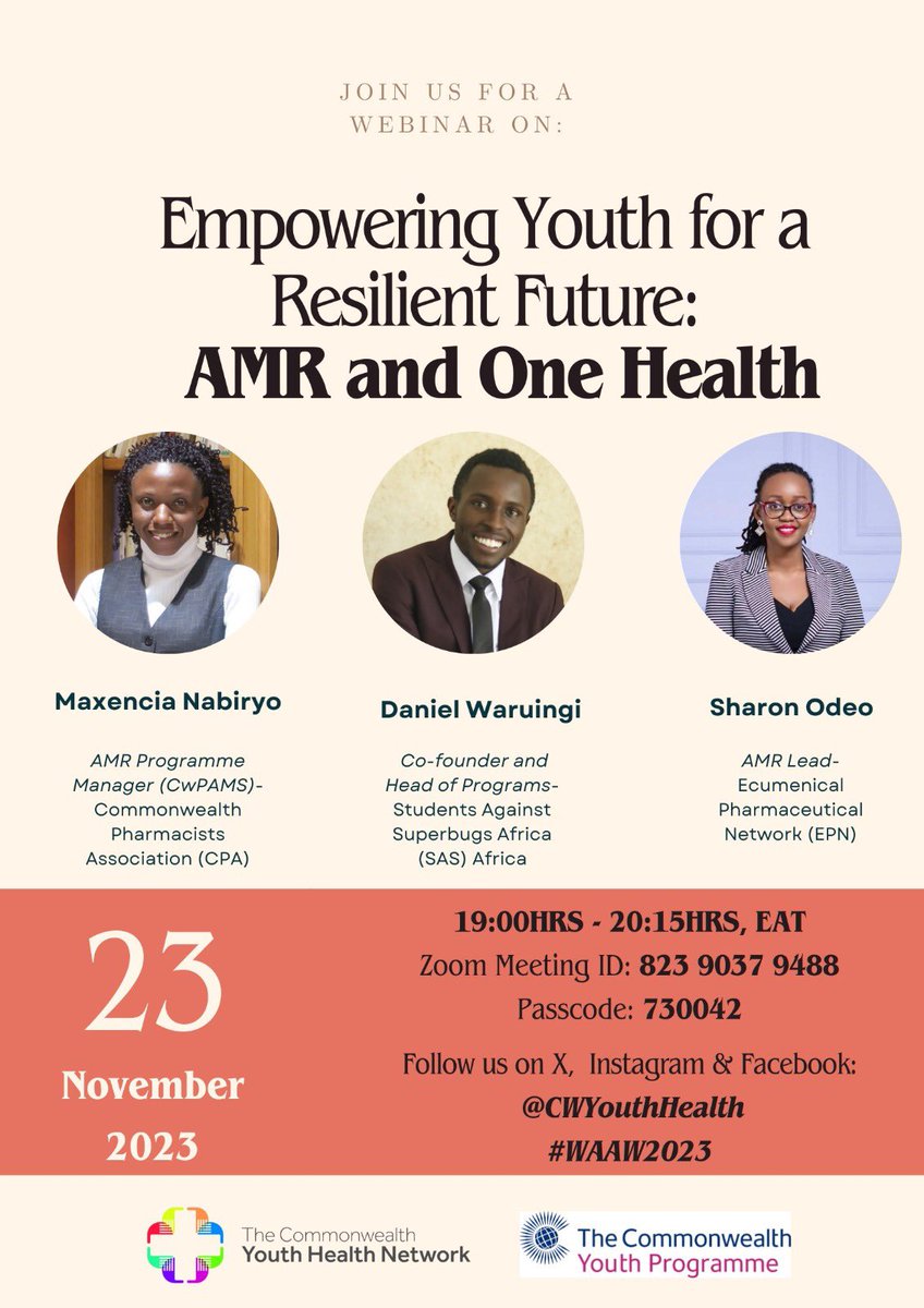TumainiMakole's tweet photo. Catch up with @shimba_noel, @NyamburaMoremi  @Maxencia1 and other invited speakers during @CWYouthHealth webinar. 

Exciting line-up for  #WAAW2023 webinar tomorrow.

🗓️ 23rd November
⏰19:00-20:15 EAT
📍Zoom

Link 👇 👇 

#FightAgainstAMR #CYHNYouths https://t.co/HyaQpVgx9s