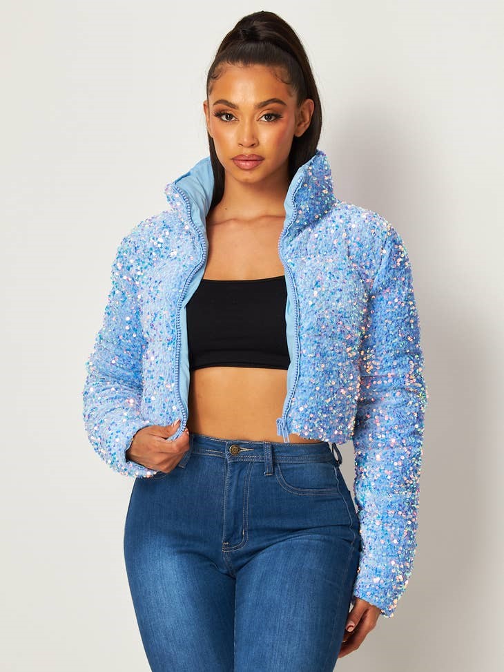 Availiable in: blue, pink, and black
Can be bundled
Featuring Sequin Velvet Fabric Allover,
Cropped Length,
Long Sleeves,
Zip Up Front,
Side Zipper Pockets

•  Fabric: SELF: 93% POLYESTER, 7% SPANDEX LINING: 100% POLYESTER
•  Season: Fall/Winter

**COMES IN SIZES  (S-L )***