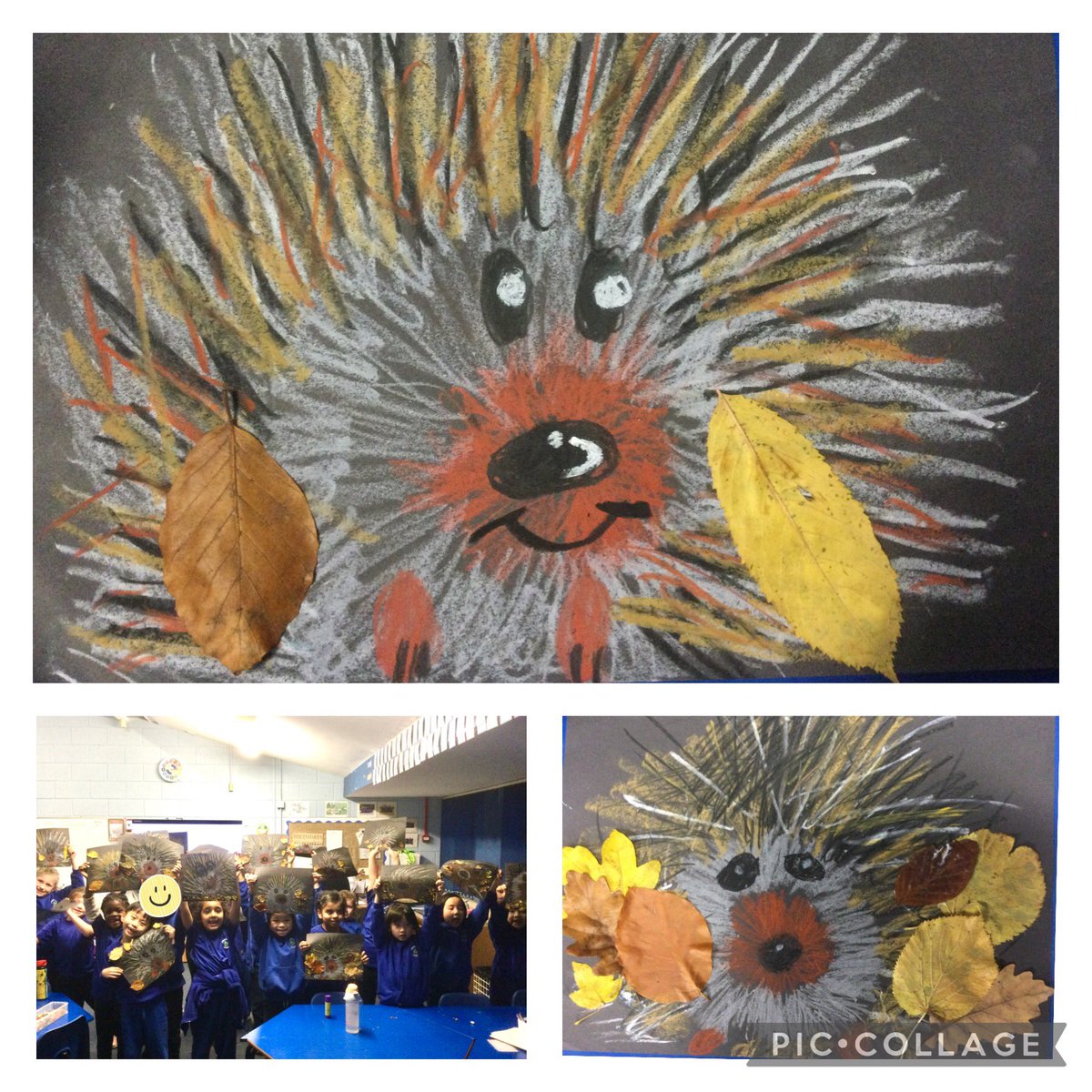 KS1PA's tweet photo. Year 2 art club have enjoyed creating some lovely drawings of hedgehogs using oil pastels then adding leaves to finish off. Brilliant  work everyone!🦔🦔🦔 https://t.co/mFCdUVjuB1