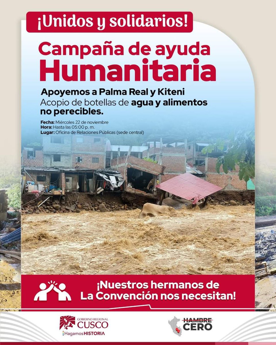 RuthLuqueIbarra's tweet photo. Las lluvias intensas y la falta de acciones oportunas, en zonas como Talancato, Palma Real y Kiteni #Echarati #Cusco dejó más de 180 familias quienes lo han perdido todo. Hoy toda ayuda es urgente y la acción del @MTC_GobPeru para contribuir en la reconstrucción de vías como el puente de Sirenachayoq y labores de reforzamiento del puente de Talancato es necesario. Hace poco dialogue con Alcalde del Centro Poblado de Palma Real y hasta el momento no han logrado determinar el número total de afectados pues haz zonas que aún no pueden acceder, por lo que solicitan apoyo en alimentos no perecibles, agua, ropa, calaminas, colchones. Desde mi despacho nos sumaremos a la campaña de solidaridad que el Gbno Regional del Cusco ha iniciado. Así mismo quienes deseen contactarse directamente con el Alcalde del Centro Poblado de Palma Real Luis Aristides Castillo 984868629 y coordinar cualquier apoyo será importante.