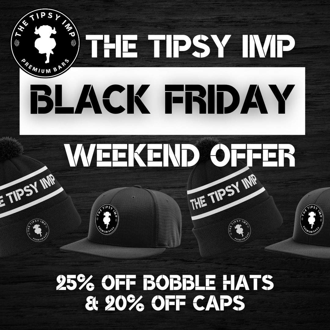 TheTipsyImp's tweet photo. ๐๐๐๐๐ ๐๐ฅ๐๐๐๐ฌ ๐ข๐๐๐๐ฅ โซ๏ธ
Donโt miss out on this weekendโs Black Friday offer on The Tipsy Imp merchandise!
Get 25% off our now much-needed beanie hats (๐ฅถ), making them ยฃ15, and 20% off our caps to take them down to ยฃ20.
#LetsGetTipsy #BlackFriday https://t.co/nYGTzncaZe