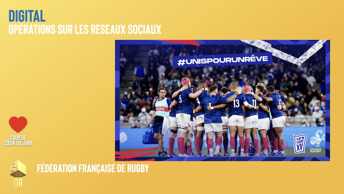 Catégorie Digital – Opérations sur les réseaux sociaux. <a href="/FranceRugby/">France Rugby</a> obtient l’#OR et le #COUPDECOEUR du jurypour sa stratégie de communication digitale « #UnisPourUnRêve ». Bravo ! #gpstrat #marketingsportif #esport