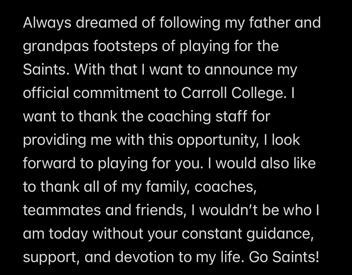 Very blessed to have this opportunity! Cant wait to further my academic and athletic career as a Saint!⚜️🟣
<a href="/CoachPfanny/">Alex Pfannenstiel</a> <a href="/CoachTPurcell/">Coach Troy Purcell</a> <a href="/RandyBandelow/">Coach Randy Bandelow</a> <a href="/CoachMalot/">Mitch Malot</a> <a href="/FootballCarroll/">Carroll College Football</a>