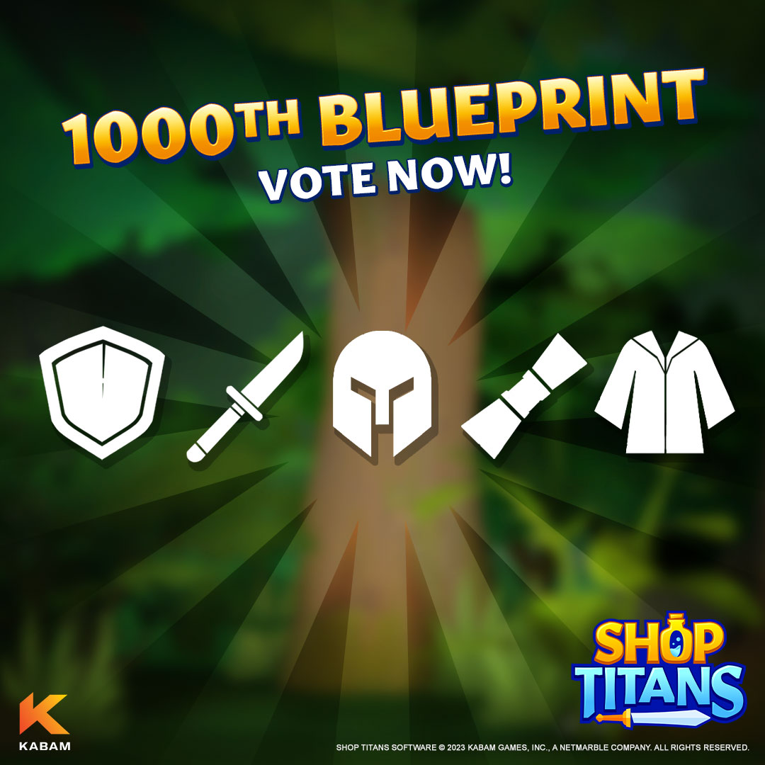 ShopTitansGame's tweet photo. This is your chance to decide what the Type of the 1000th Blueprint added to Shop Titans will be! Dagger, Helmet, Light Armour, Spell, or Shield? The choice is yours! Head over to our Facebook Page and vote for your choice!
Voting closes on November 24 at 10 am PT! https://t.co/tzebWYgcD3