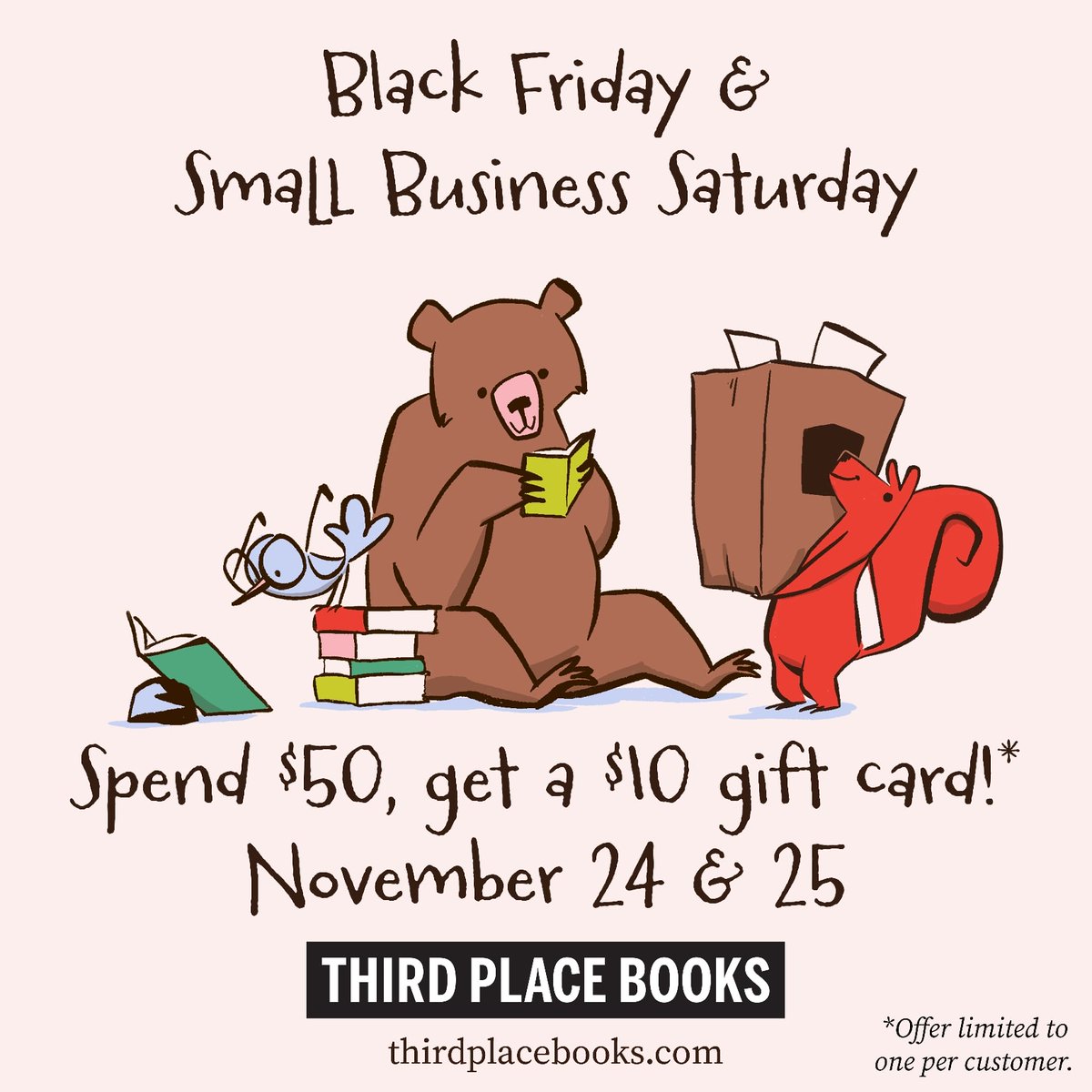 Hey everyone! All three stores will be closed tomorrow for Thanksgiving, but we'll be open Friday regular hours. Don't forget that if you spend $50 dollars, you'll receive a free $10 dollar gift card this Friday and Saturday!