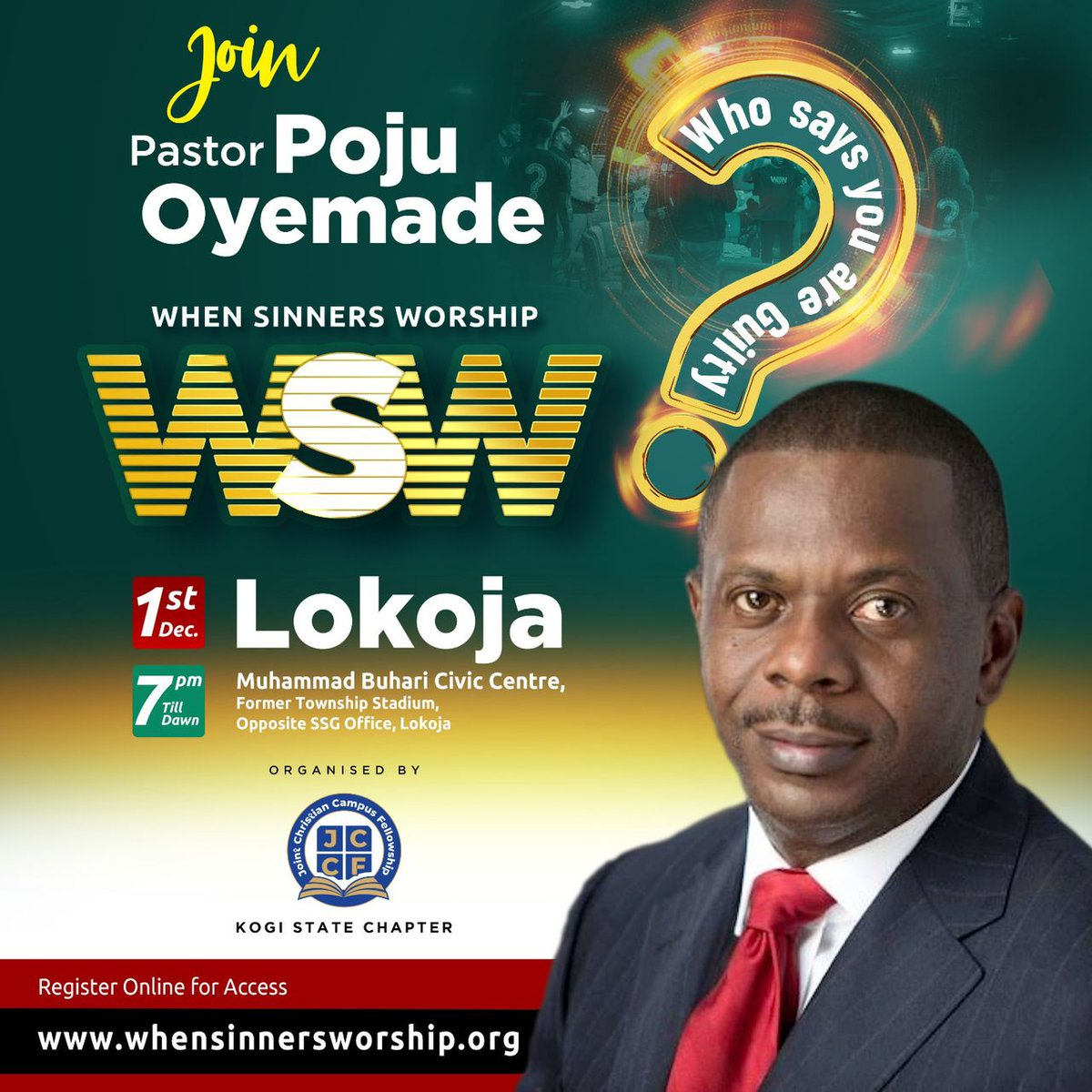 Kogi get ready for an uplifting worship experience. Mark your calendars for a divine rendezvous on 1st December at When Sinners Worship as we will be graced by @pastorpoju you don't want to miss this for anything. #WhenSinnersWorship #WSW