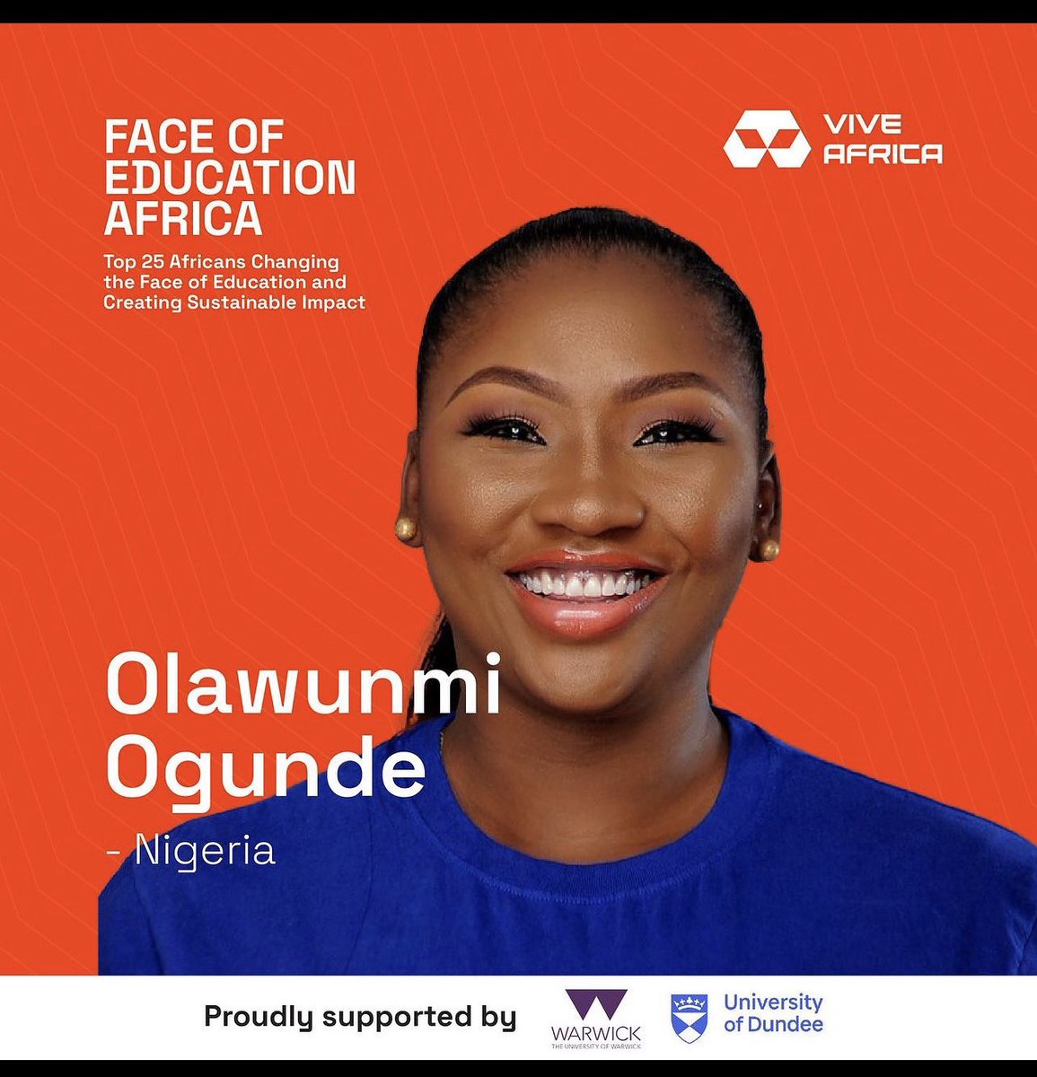 Honoured to be selected as the Face of Education in Africa #FoEAfrica2023 .
I look forward to joining forces in creating impact and rewriting a new global narrative through education.

#viveafricadotco <a href="/WarwickAlumNig/">Warwick Alumni Nig</a> <a href="/WashFellowship/">MandelaWshFellowship</a> <a href="/wmgwarwick/">WMG</a> <a href="/AfricaSummitUoW/">WarwickAfricaSummit</a>