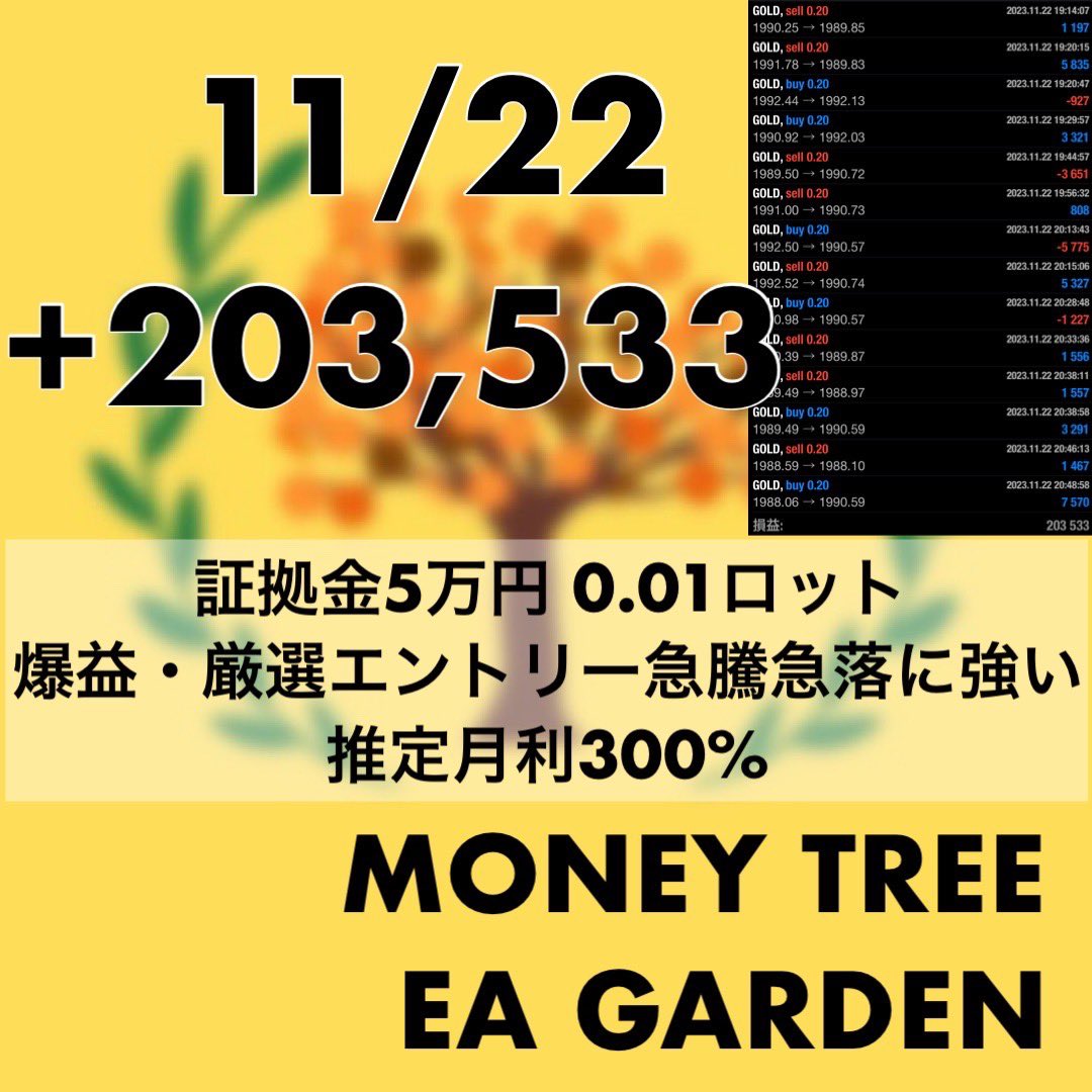 《 EA GARDEN 》 FX自動売買
爆益系大人気無料EA
MONEY TREE(金のなる木)

昨日の収支
￥203,533 0.2Lot

短時間運用でもすぐ元本回収可能
🌺5万円　0.01ロットから運用可能
🌺推定月利300%

配布オプチャ
line.me/ti/g2/GozQjmgL…
ad ポンド GOLD 安定型 爆益 アフィリエイト 代理店募集 IB報酬