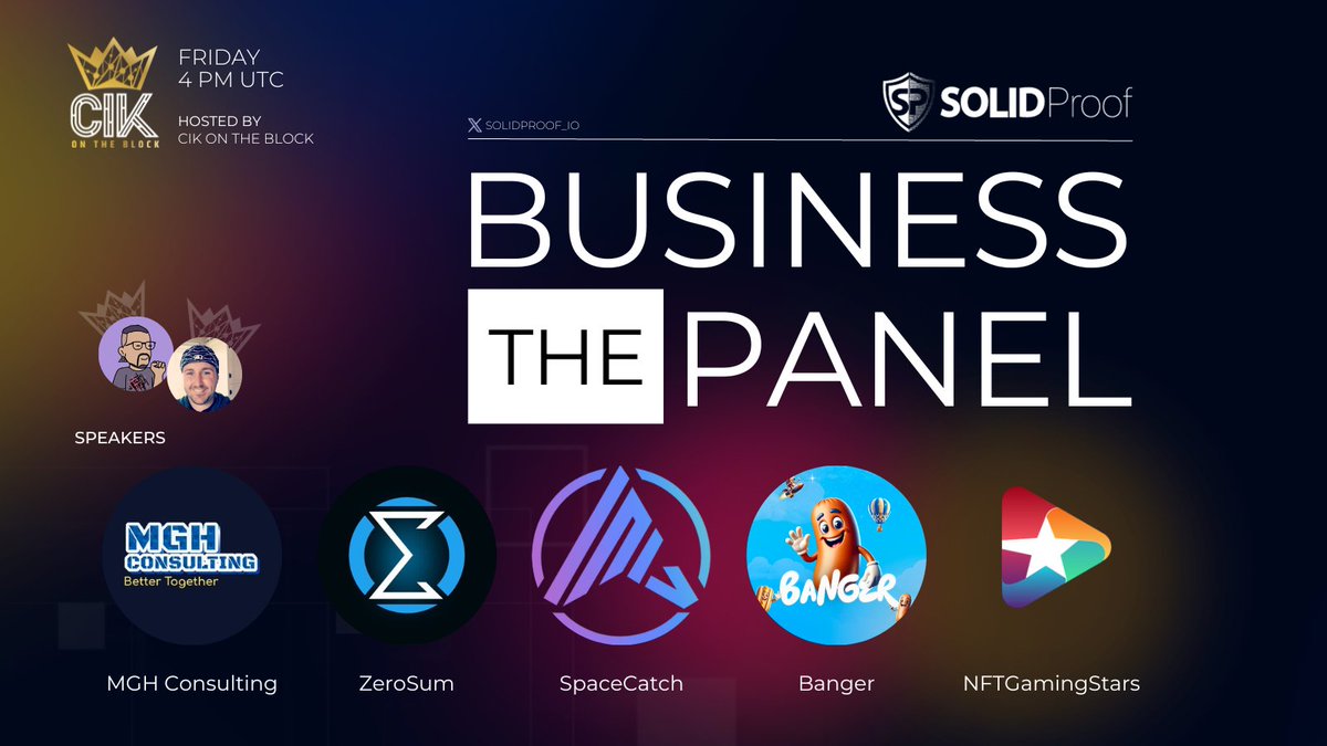 SolidProof_io's tweet photo. The business panel returns with Ep. 8, bringing #Web3Gaming, #DeFi, #NFTs, #AITechnology and more all into one space! 🛡️

🕓 Friday, 4 PM UTC
🔗 https://t.co/jyse5ygdoG

➕ $100 #Giveaway pool to 5 winners

☑️ Follow @SolidProof_io &amp; @CIKOnTheBlock
☑️ Like &amp; RT
☑️ Tag 2 friends https://t.co/SyL7a0rGBq