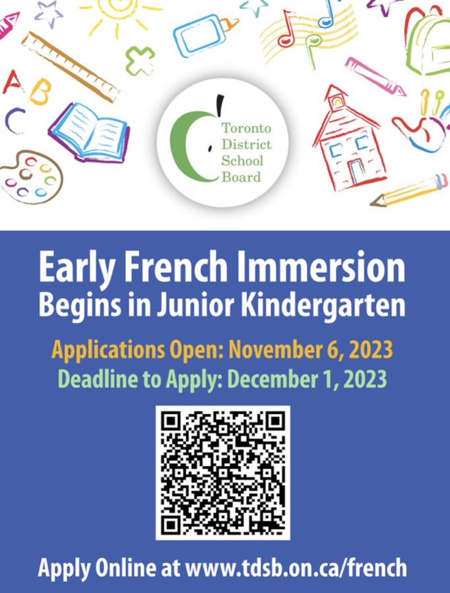 We invite families of children starting JK in Sept 2024 who would like to learn more about Early French Immersion to attend one of our upcoming webinars Nov 23 @ 7 pm Nov 27 @ 1 pm For links, please visit tdsb.on.ca/french @TDSB_French @TDSB_ACaccamo @sdvlil