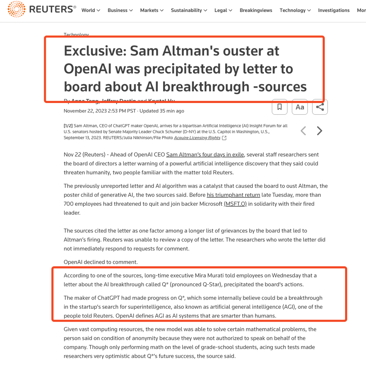 "Q* ... a breakthrough in [OpenAI]'s search for superintelligence" was the trigger for this entire season of succession