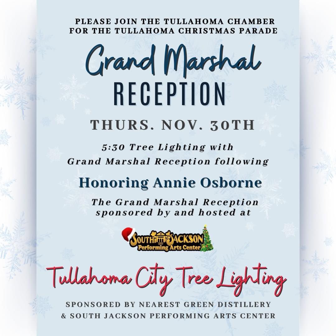 𝐓𝐡𝐞 𝐋𝐢𝐠𝐡𝐭𝐢𝐧𝐠 𝐨𝐟 𝐭𝐡𝐞 𝐓𝐮𝐥𝐥𝐚𝐡𝐨𝐦𝐚 𝐂𝐢𝐭𝐲 𝐂𝐡𝐫𝐢𝐬𝐭𝐦𝐚𝐬 𝐓𝐫𝐞𝐞 &amp; 𝐆𝐫𝐚𝐧𝐝 𝐌𝐚𝐫𝐬𝐡𝐚𝐥 𝐫𝐞𝐜𝐞𝐩𝐭𝐢𝐨𝐧 - 𝐍𝐨𝐯 𝟑𝟎𝐭𝐡 𝐚𝐭 𝟓:𝟑𝟎𝐏𝐌 🎄
Join us Grand Marshal Annie Osborne &amp; mark the beginning of the Holiday Season for our Community.