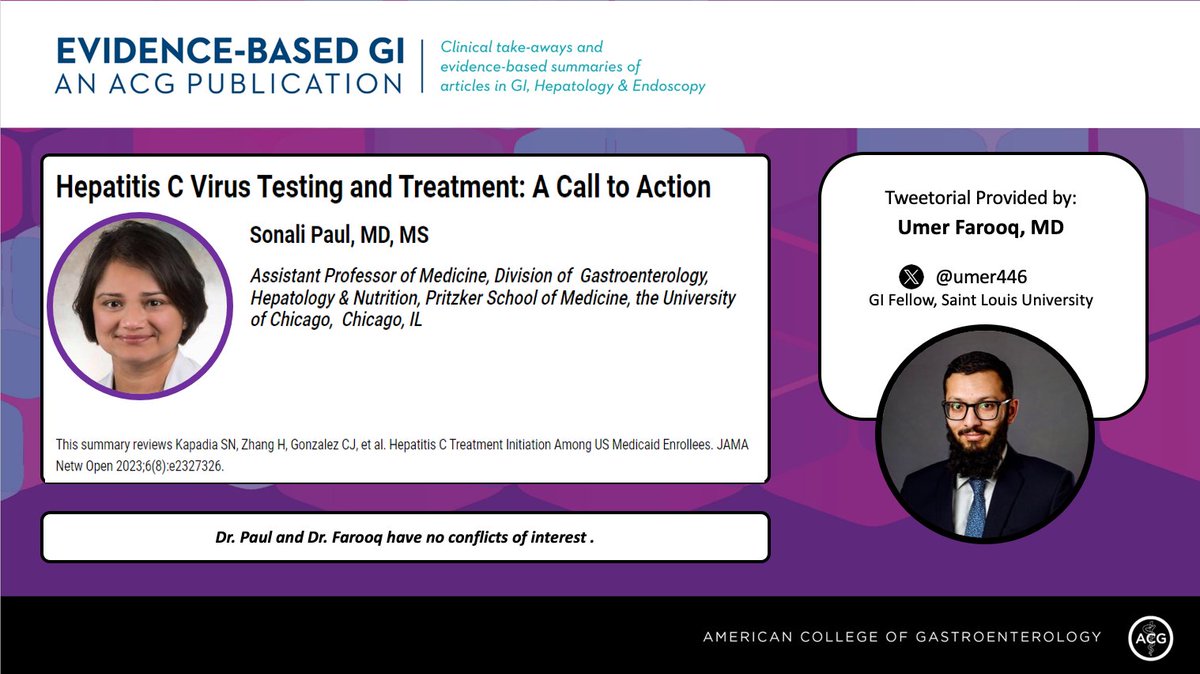 ACG_EBGI's tweet photo. 1/⏰ for #EBGI Tweetorial🧵w/ @umer446!

“Hepatitis C Virus Testing and Treatment: A Call to Action”

📜Summary https://t.co/t0Dp63hmw7
🎧 https://t.co/cUghhPsow4
📰 @JAMANetworkOpen https://t.co/90SZ1bhao9

#GITwitter https://t.co/O3wd9cUYjg