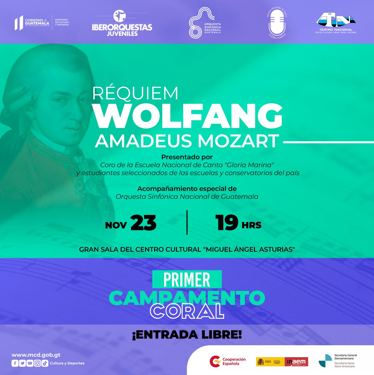 McdGuate's tweet photo. ¡Recuerda! Este 23 de noviembre no te puedes perder la presentación de Réquiem de Wolfgang Amadeus Mozart en el primer concierto del Campamento Coral. ¡Te esperamos!
#3milAñosRiquezaCulturalGT #CulturaMotorDesarrolloGT #CulturaGUATE #FormarteGT https://t.co/oXPueyftqf