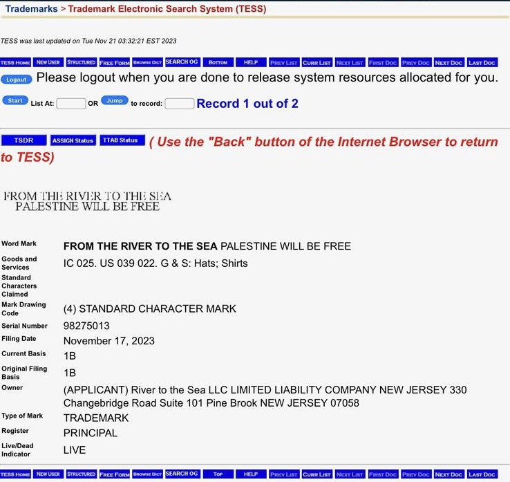 If this is accurate, then apparently, a Jewish lawyer from New Jersey bought the trademark "from the river to the sea, etc." Now he can go after anyone using it on any merchandise or marketing.

When it comes to brains V brawn, brains will win every time.