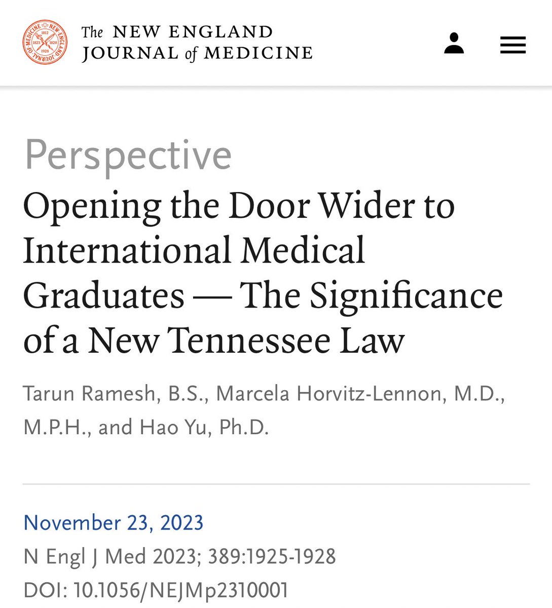“The law, which takes effect in July 2024, will make Tennessee the first state to allow IMGs who are licensed in another country to become provisionally licensed and practice in the United States without having to complete a U.S.-based residency.”
nejm.org/doi/full/10.10…