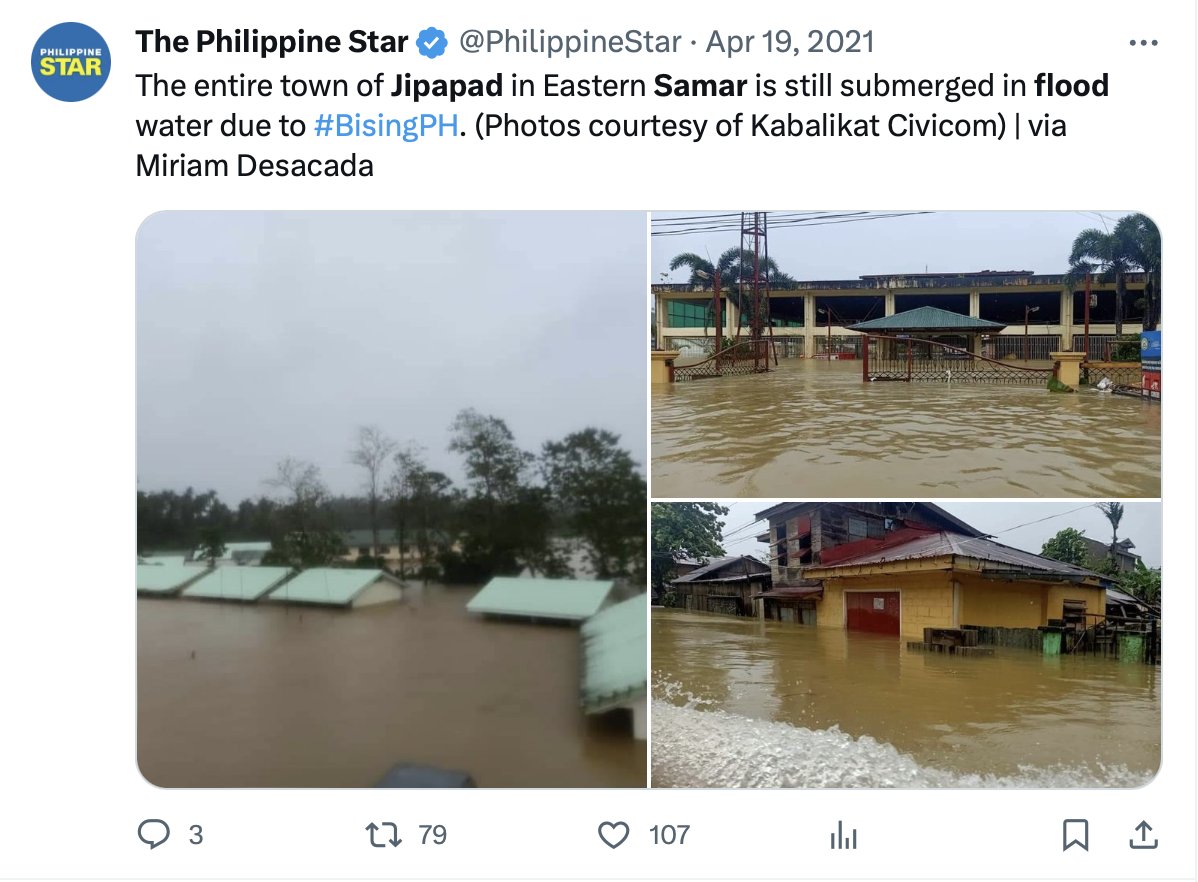 nababaha's tweet image. Flooding in Samar due to #Bising. Expect the expected. Find out if your neighborhood can get flooded and prepare before the floods come. Visit noah.up.edu.ph