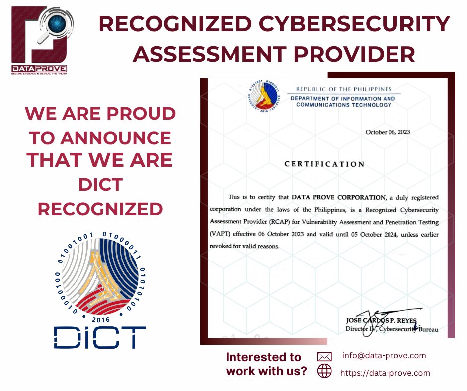 Data_Prove's tweet image. 📷 𝐁𝐢𝐠 𝐍𝐞𝐰𝐬! 𝐖𝐞&apos;𝐫𝐞 𝐃𝐈𝐂𝐓 𝐑𝐞𝐜𝐨𝐠𝐧𝐢𝐳𝐞𝐝! 📷
📷 Proud to share that we&apos;re now officially recognized by DICT - 
What&apos;s in it for you? 📷
📷 Trust in Excellence
📷 Cutting-Edge Solutions
📷 Enhanced Customer Experience