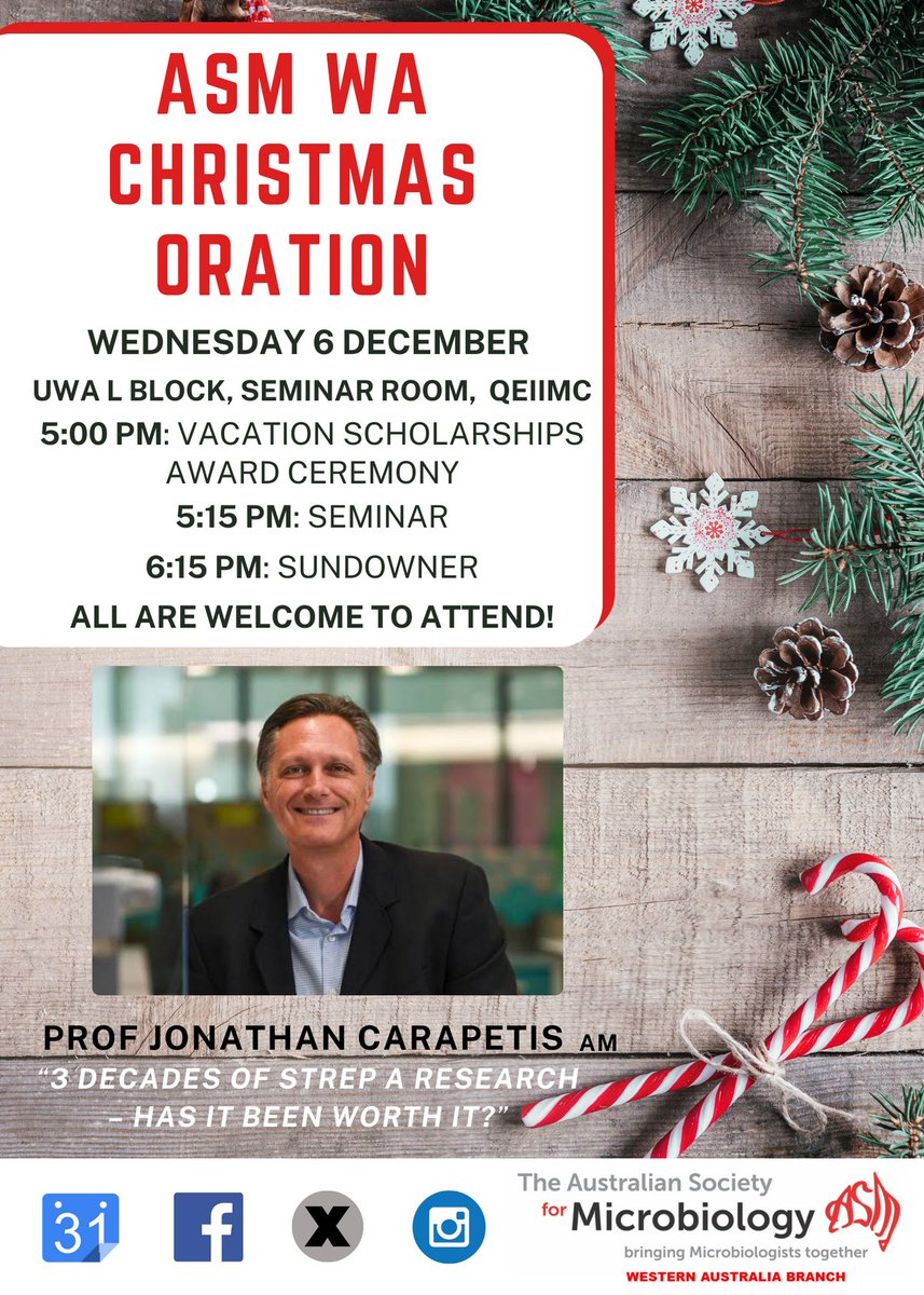 🎄ASM WA Christmas Oration featuring local icon @jcarapetis🎄

🗓️Join us on Dec 6th to celebrate the year that was!

We will announce the vacation #scholarship recipients, followed by Oration from Prof Carapetis highlighting 3 decades of #GroupAStrep research✨

All welcome!👋