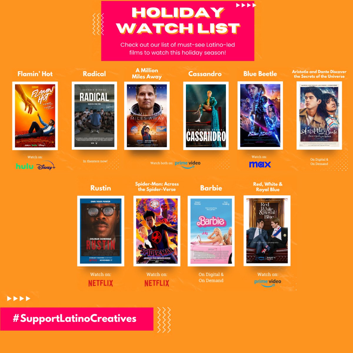 Familia, this holiday season let’s continue to #SupportLatinoCreatives! Here is a holiday watch list of captivating Latino-led films and performances. Which films have you seen so far? #MoreLatinosinHollywood #HolidayWatchlist