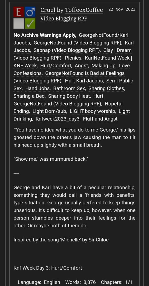 ToffeesCafe's tweet photo. I DID IT. I FINSIHED THE FIC. A day late but- Here's for day three :] Don't mind the fact that I posted this like four times, I kept messing up oml

nsfw, hurt/comfort, 8.8k words, read tags ♡

https://t.co/pZ5KzZ9m1Q

#KNFweek_D3 https://t.co/3yRX3KGUD2