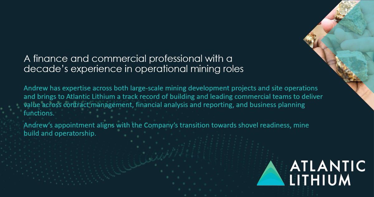 AtlanticLithium's tweet photo. Pleased to welcome Andrew Henry to the team as General Manager, Commercial & Finance.
Having previously worked at the likes of Allkem and Newcrest, Andrew brings considerable experience leading commercial teams to deliver value.
#ALL #A11 $A11 $ALLIF #Lithium #Ghana #Mining https://t.co/B3yiHIvZHS
