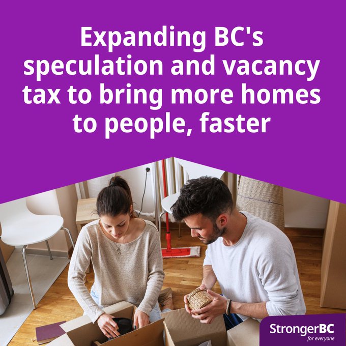 (Two people packing boxes). Text reads: Expanding BC's speculation and vacancy tax to bring more homes to people, faster