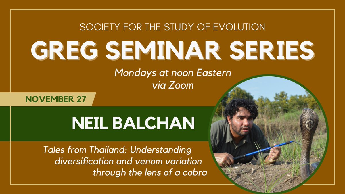 Join us TODAY at noon Eastern for our next GREG Seminar! R. C. Lewontin Early Award recipient Neil Balchan @NeilBalchan will present 'Tales from Thailand: Understanding diversification and venom variation through the lens of a cobra.' Details at rb.gy/n3aj5
