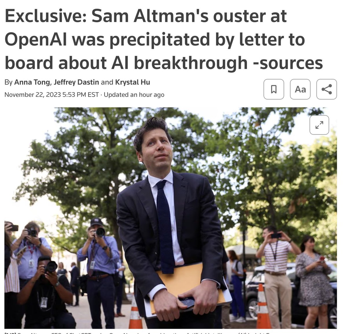 Big if true:

"According to one of the sources, long-time executive Mira Murati told employees on Wednesday that a letter about the AI breakthrough called Q* (pronounced Q-Star), precipitated the board's actions.

The maker of ChatGPT had made progress on Q*, which some