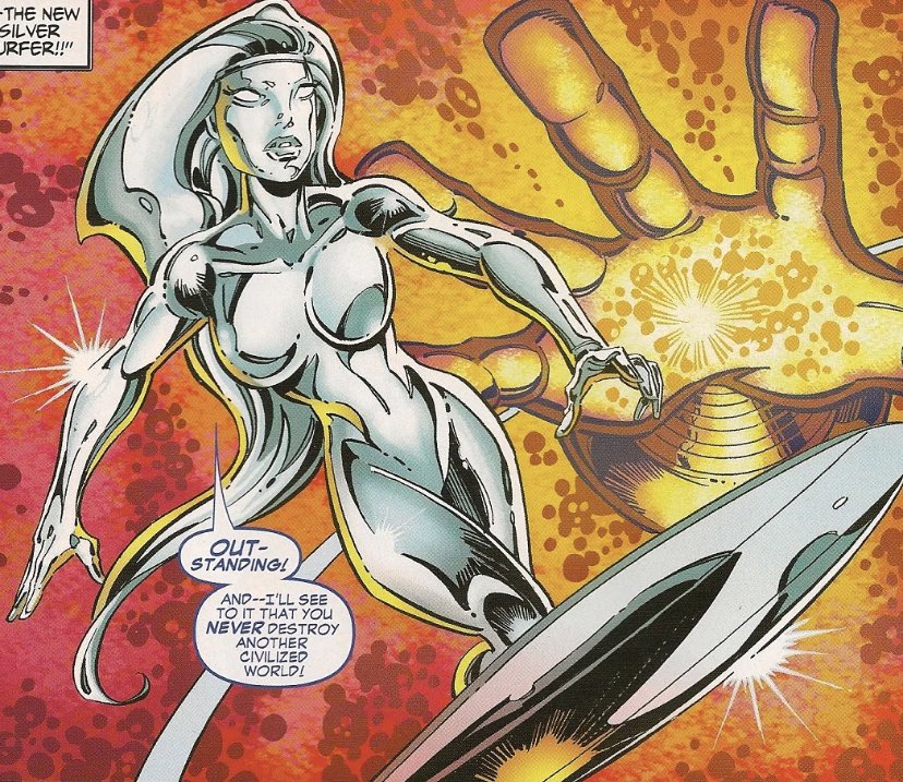 Retro_F1's tweet photo. @TheDenofNerds Earth 839 Silver Surfer, Juno. If FF are from a different universe, it’d be kinda nice to include a different Silver Surfer for the film. SS will probably not cross over into Battleworld/reboot. https://t.co/ZP4YHYBjOQ