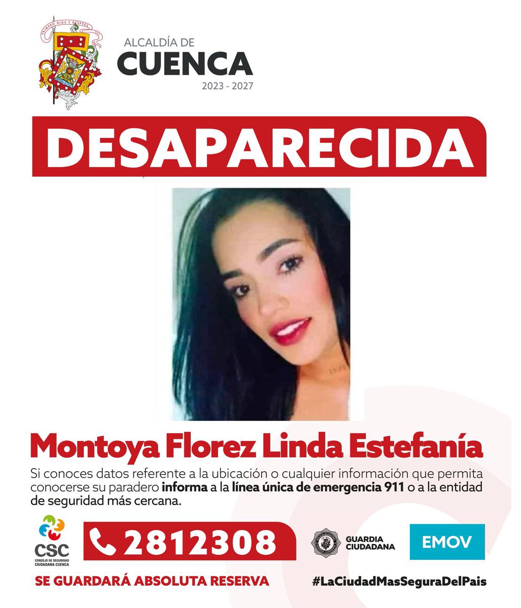 MunicipioCuenca's tweet photo. 🚨 #ALERTA || Aquí nos cuidamos todos contra la #inseguridad 

Nos unimos a su #búsqueda, si la has visto o tienes cualquier información referente, contáctanos 

Juntos hacemos de Cuenca #LaCiudadMásSeguraDelPaís🇪🇨 https://t.co/HkAdoB7BlX