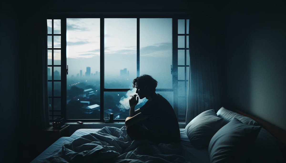 /imagine It's 5 am early in the morning, and you've just gotten back home after a party. You're drunk and lying in bed, smoking and listening to music, lost in thought, with a cityscape view in the background.