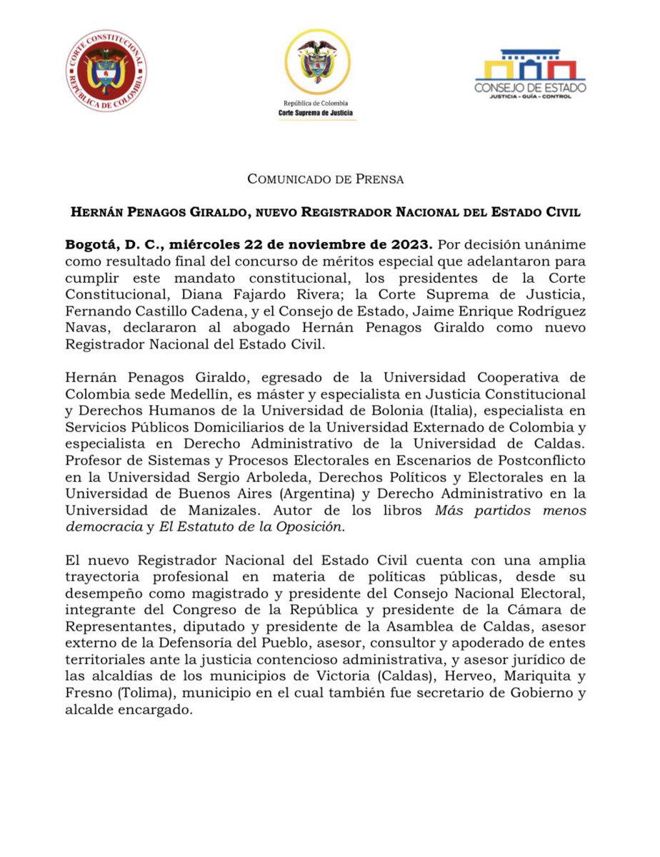 #Felicitaciones al nuevo #RegistradorNacional al Dr. @HernanPenagos quien por decisión unánime de la @CConstitucional @CorteSupremaJ y @consejodeestado fue el escogido por los presidentes para la dirección de la @Registraduria muchos éxitos en su gestión. #OrgulloCafetero ☕️