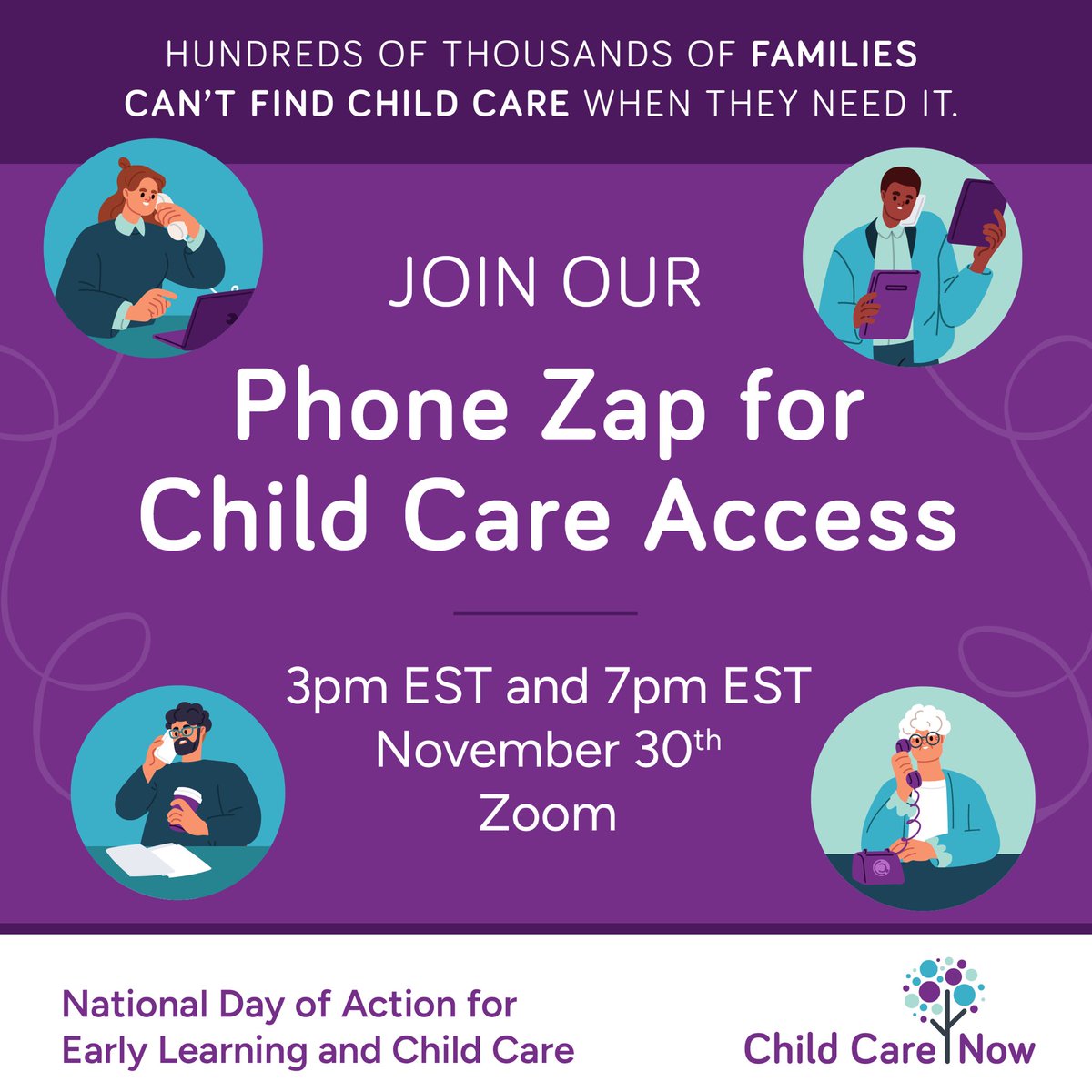 We would like to invite you to our Phone Zap for Child Care Access on November 30th at 3pm EST and 7pm EST, during our National Day of Action. 

It will be held over Zoom and we will give you a script and information on which MPs to call. 

Sign up here: docs.google.com/forms/d/e/1FAI…