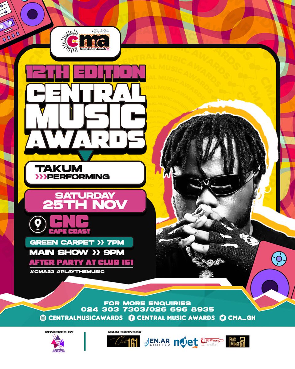 Performing Live: <a href="/TakumMusic/">Takum Music</a> at Central Music’s biggest night!! 🎤 

The 12th Central Music Awards 
🗓️Saturday, 25th November, 2023 
📍 CNC, Cape Coast. 
⏰ Green carpet - 7PM 
 🕰️  Main Event- 9PM 

🎫 For Tickets, 
☎️ 0243037303/0266968935 

<a href="/CMA_Gh/">𝐂𝐞𝐧𝐭𝐫𝐚𝐥 𝐌𝐮𝐬𝐢𝐜 𝐀𝐰𝐚𝐫𝐝𝐬 2025</a>
#CMA23 #PlayTheMusic