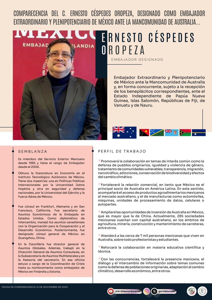 CGBSenado's tweet photo. El pleno del @senadomexicano ratifica con 74 votos a favor al C. Ernesto Céspedes Oropeza, @EmbCespedes, designado como Embajador Extraordinario y Plenipotenciario de México en la Mancomunidad de #Australia🇦🇺.
Conoce su plan de trabajo: https://t.co/NBdcqXLJDo