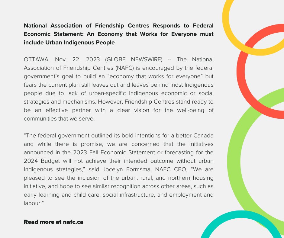 Media Release - National Association of Friendship Centres Responds to Federal Economic Statement: An Economy that Works for Everyone must include Urban Indigenous People nafc.ca/news-media/med…